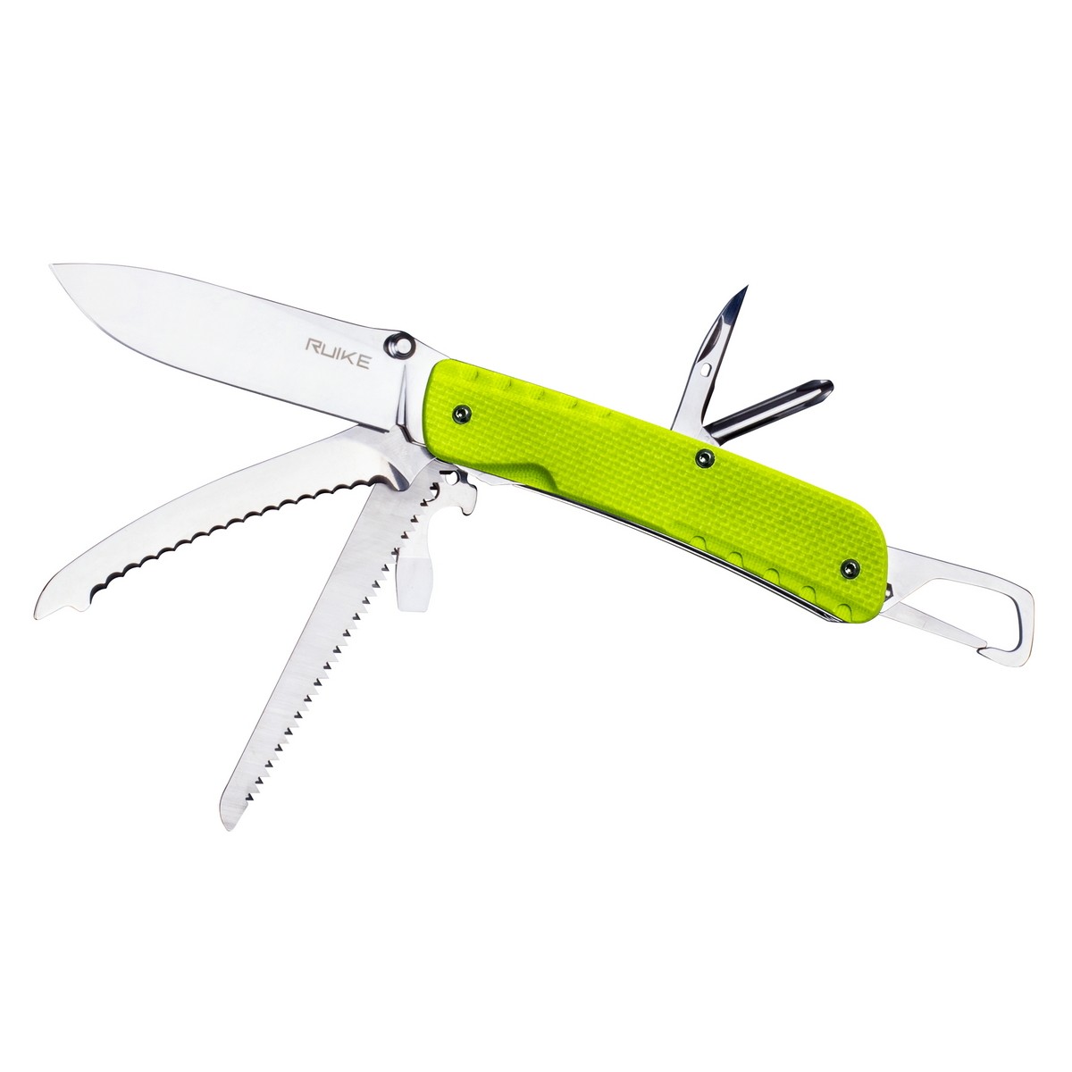 Багатофункціональний ніж Ruike Trekker LD43, (8.5 см) 12C27 / G10 зелений, 15 інстр.